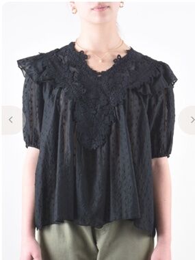 THE GREAT. Lace Prim Top - Black